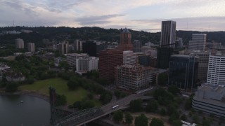 DX0001_014_021 - 5.7K aerial stock footage approaching office buildings and KOIN Center, twilight, Downtown Portland, Oregon