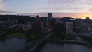 DX0001_014_027 - 5.7K aerial stock footage of Downtown Portland, Oregon at twilight