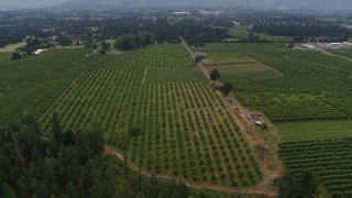 DX0001_015_012 - 5.7K aerial stock footage of a reverse view of orchards in Hood River, Oregon