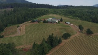 DX0001_015_034 - 5.7K aerial stock footage fly over the vineyard to approach the Phelps Creek winery in Hood River, Oregon