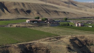 DX0001_018_033 - 5.7K aerial stock footage of slowly flying over grapevines toward the Maryhill Winery in Goldendale, Washington