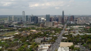 DX0002_103_019 - 5.7K aerial stock footage of a wide view of the city's skyline in Downtown Austin, Texas