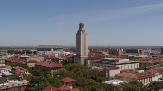 DX0002_107_031 - 5.7K aerial stock footage orbit UT Tower at the University of Texas during ascent, Austin, Texas