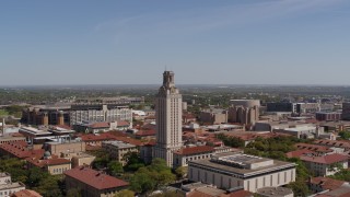 DX0002_107_033 - 5.7K aerial stock footage orbit UT Tower at the University of Texas during descent, Austin, Texas