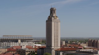 DX0002_108_001 - 5.7K aerial stock footage close orbit of UT Tower at the University of Texas, Austin, Texas