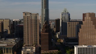 DX0002_109_032 - 5.7K aerial stock footage of downtown skyscrapers seen during descent in Downtown Austin, Texas