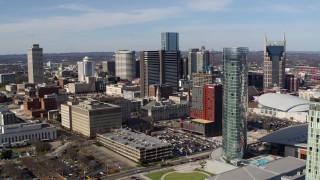 DX0002_118_009 - 5.7K stock footage aerial video of Renaissance Nashville hotel, reveal the JW Marriott in Downtown Nashville, Tennessee