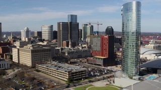 DX0002_118_016 - 5.7K aerial stock footage reverse view of Renaissance Hotel, reveal JW Marriott in Downtown Nashville, Tennessee