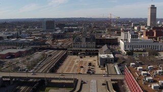 DX0002_118_017 - 5.7K aerial stock footage of Union Station Hotel during descent in Downtown Nashville, Tennessee