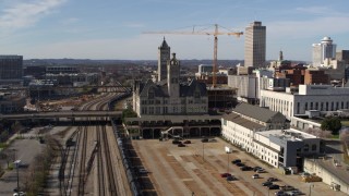 DX0002_118_018 - 5.7K aerial stock footage orbit and approach Union Station Hotel in Downtown Nashville, Tennessee
