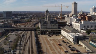 DX0002_118_019 - 5.7K aerial stock footage of a reverse view of Union Station Hotel in Downtown Nashville, Tennessee