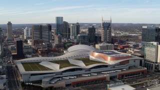 DX0002_119_019 - 5.7K aerial stock footage of Nashville Music City Center and the city's skyline, Downtown Nashville, Tennessee