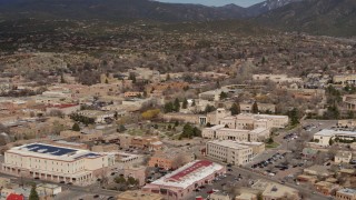 DX0002_130_004 - 5.7K aerial stock footage flyby downtown and Bataan Memorial Building near capitol, Santa Fe, New Mexico