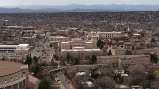 DX0002_130_039 - 5.7K aerial stock footage an orbit around the Bataan Memorial Building near capitol building, Santa Fe, New Mexico