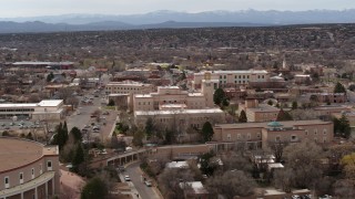 DX0002_130_040 - 5.7K aerial stock footage of orbiting the Bataan Memorial Building in Santa Fe, New Mexico