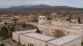 DX0002_131_003 - 5.7K aerial stock footage approach the tower on the Bataan Memorial Building in Santa Fe, New Mexico
