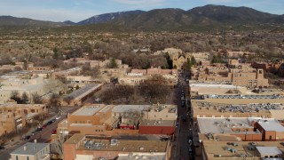 DX0002_131_020 - 5.7K aerial stock footage flyby Santa Fe Plaza and cathedral in downtown, Santa Fe, New Mexico