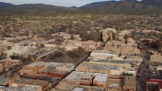 DX0002_131_022 - 5.7K aerial stock footage of a view of the cathedral while orbiting Santa Fe Plaza, Santa Fe, New Mexico