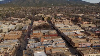 DX0002_131_024 - 5.7K aerial stock footage of Santa Fe Plaza and cathedral in downtown, Santa Fe, New Mexico