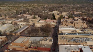 DX0002_131_027 - 5.7K aerial stock footage approach Santa Fe Plaza and cathedral in Santa Fe, New Mexico