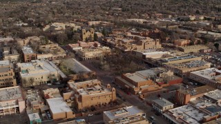 DX0002_131_032 - 5.7K aerial stock footage orbit Santa Fe Plaza near the cathedral in Santa Fe, New Mexico