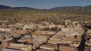 DX0002_132_002 - 5.7K aerial stock footage flyby downtown buildings around Santa Fe Plaza, Santa Fe, New Mexico