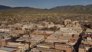 DX0002_132_003 - 5.7K aerial stock footage flyby and away from downtown buildings around Santa Fe Plaza, Santa Fe, New Mexico