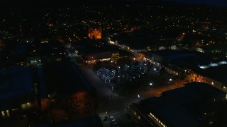 DX0002_132_028 - 5.7K aerial stock footage approach and orbit Santa Fe Plaza near the cathedral at night, Santa Fe, New Mexico