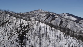 DX0002_134_027 - 5.7K aerial stock footage of flying away from a snowy mountain slope with dead trees, New Mexico