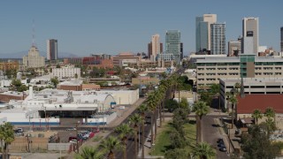DX0002_137_037 - 5.7K aerial stock footage reverse view of palm trees at city park and tall office buildings in Downtown Phoenix, Arizona