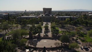 DX0002_138_006 - 5.7K stock footage aerial video fly over plaza toward the Arizona State Capitol in Phoenix, Arizona