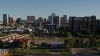 DX0002_138_017 - 5.7K aerial stock footage flyby and away from cultural center, hotel and condo complex in Downtown Phoenix, Arizona