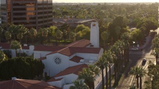 DX0002_138_043 - 5.7K aerial stock footage of circling a church steeple in Phoenix, Arizona