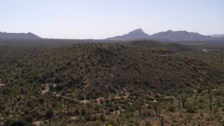 DX0002_141_026 - 5.7K aerial stock footage of flying over desert plants and tall cactus to approach arid hills