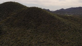 DX0002_145_004 - 5.7K aerial stock footage fly away from a small peak with cactus plants in Tucson, Arizona
