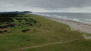 DX0002_148_012 - 4K aerial stock footage of flying away from people on the beach in Long Beach, Washington