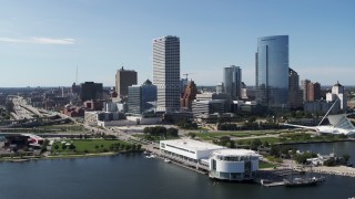 DX0002_149_022 - 5.7K aerial stock footage descend with a view of city buildings near the waterfront museum in Downtown Milwaukee, Wisconsin