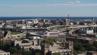 DX0002_152_009 - 5.7K aerial stock footage of light traffic on I-794 interchange in Downtown Milwaukee, Wisconsin
