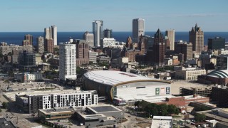 DX0002_152_032 - 5.7K aerial stock footage stationary view of the city's skyline and arena in Downtown Milwaukee, Wisconsin