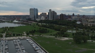 DX0002_154_035 - 5.7K aerial stock footage stationary view of the city's skyline, seen from Veterans Park, Downtown Milwaukee, Wisconsin