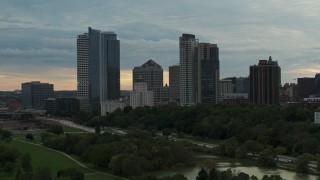 DX0002_155_001 - 5.7K aerial stock footage the city's skyline at sunset, Downtown Milwaukee, Wisconsin