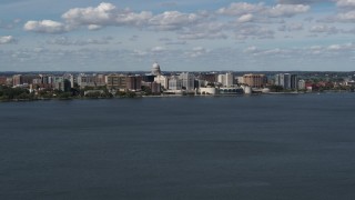DX0002_158_002 - 5.7K aerial stock footage a wide view of lakefront city buildings in Madison, Wisconsin