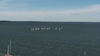 DX0002_160_036 - 5.7K aerial stock footage of orbiting a group of sailboats on Lake Mendota, Madison, Wisconsin