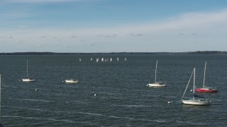 DX0002_160_039 - 5.7K aerial stock footage a low orbit of a group of sailboats on Lake Mendota, Madison, Wisconsin