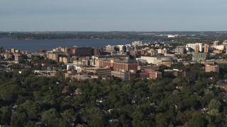 DX0002_161_011 - 5.7K aerial stock footage of approaching a hospital near downtown, Madison, Wisconsin