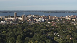 DX0002_161_016 - 5.7K aerial stock footage of a wide orbit of the lakeside university campus, Madison, Wisconsin