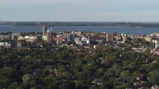 DX0002_161_017 - 5.7K aerial stock footage of approaching the lakeside university campus, Madison, Wisconsin