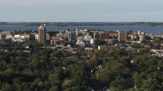 DX0002_161_018 - 5.7K aerial stock footage of the lakeside university campus while descending, Madison, Wisconsin