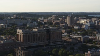DX0002_161_022 - 5.7K aerial stock footage of the university campus seen from a hospital, Madison, Wisconsin