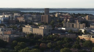 DX0002_161_024 - 5.7K aerial stock footage of university campus buildings, Madison, Wisconsin
